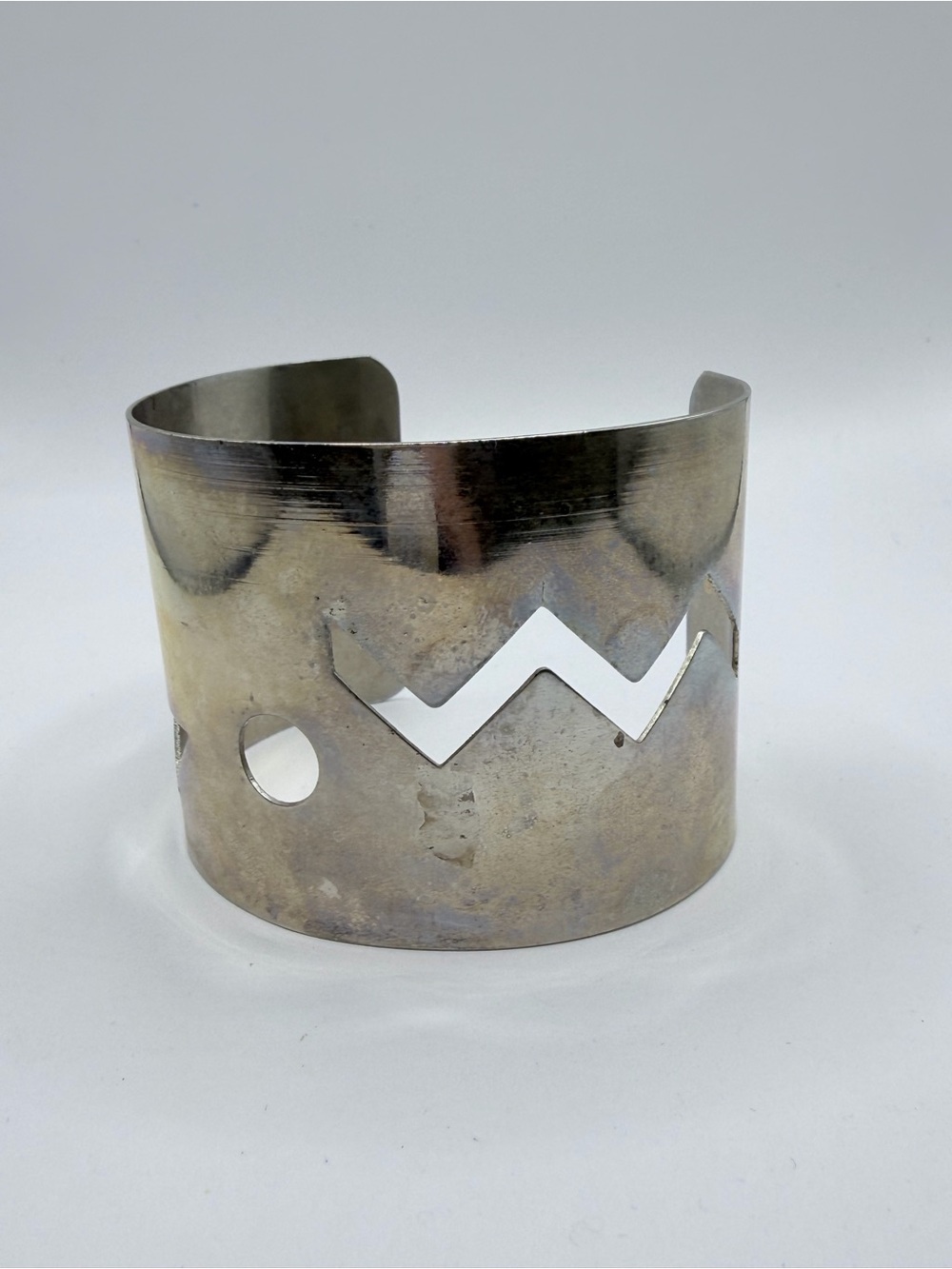 Vintage Artisan Silver Tone Wide Cuff Bracelet Geometric Cutout Modernist Boho